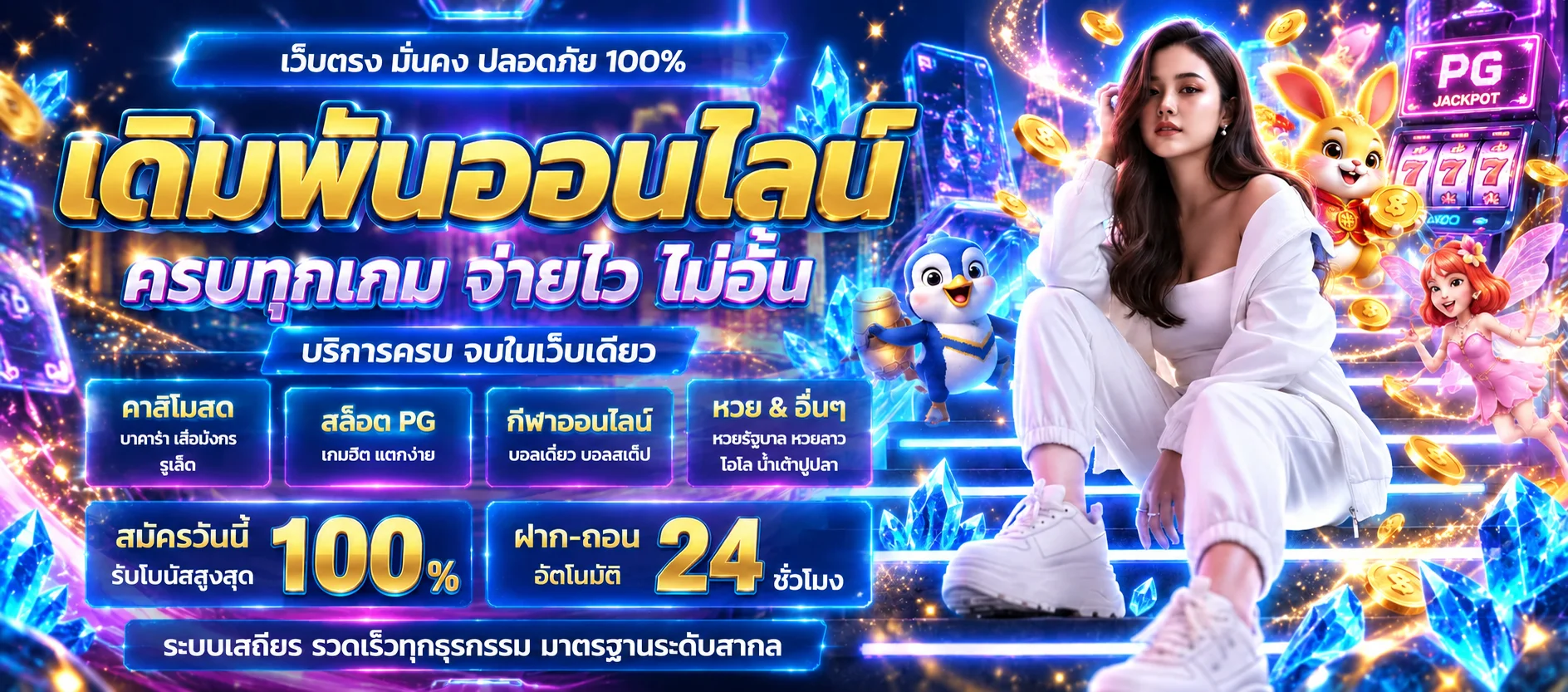 แบนเนอร์ Mine88 สล็อตออนไลน์ PG พร้อมตัวละครและคริสตัลสีฟ้า